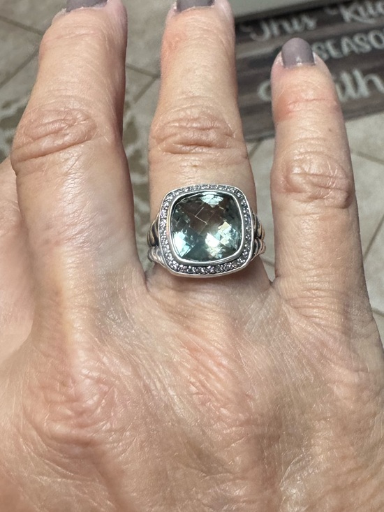 David Yurman Jewelry - David Yurman Silver Ring with Light Green Cushion Gemstone and Pavé Accents